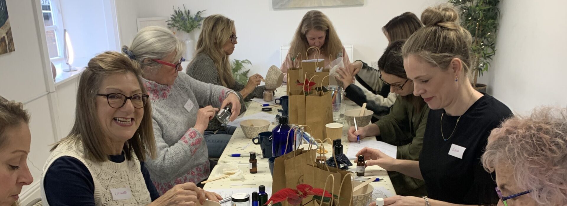 People sitting around a table in an aromatherapy workshop